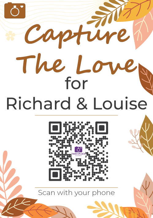Autumn coloured leaf QR code for wedding with capture the love design
